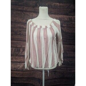 Shyanne Wide Stripe Country Boho Bell Sleeve Women's Pink Cream Shirt Size S‎